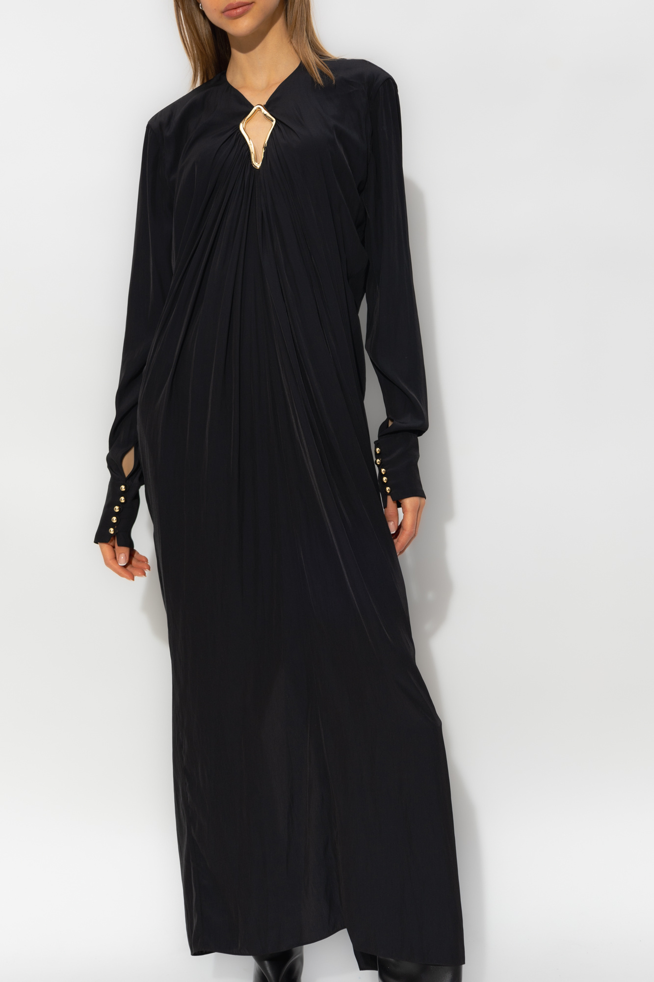 Lanvin Midi Cut-out Dress With V-neck And Long Sleeves In Black