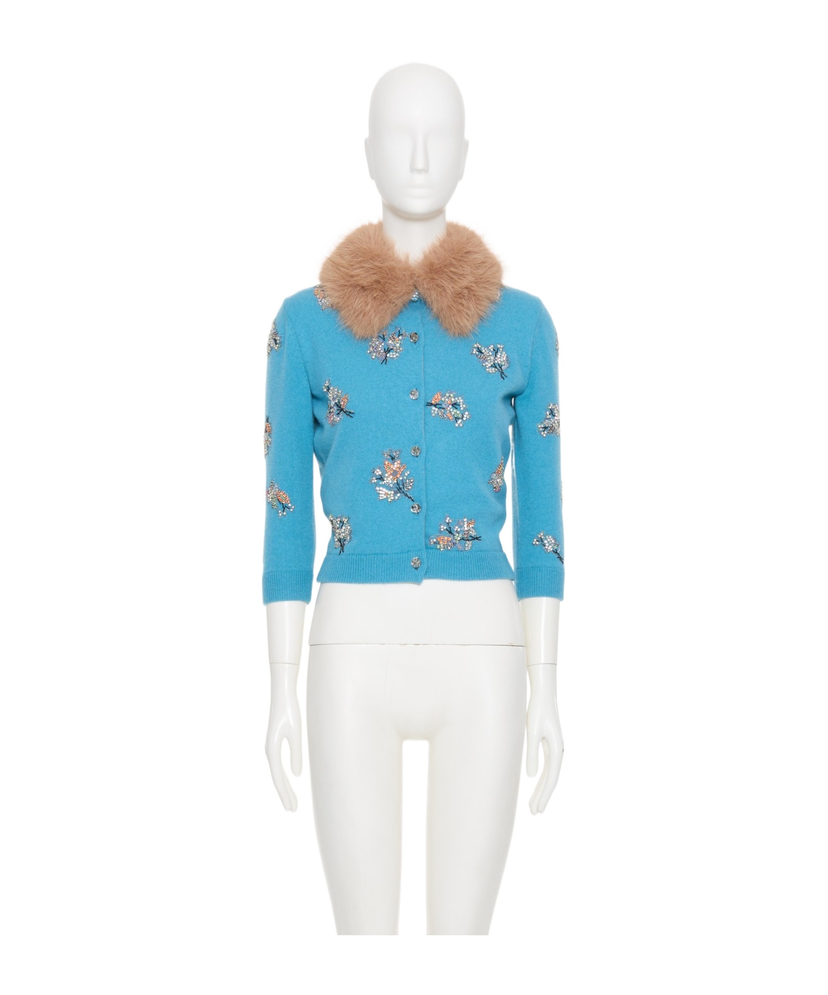 Valentino Floral Crystals Wool Cardigan In Celestial Blue