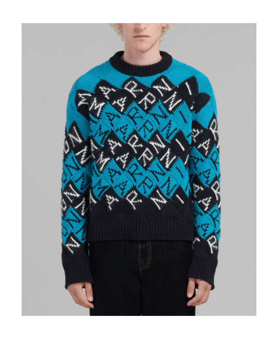 Marni Intarsia Logo Virgin Wool Sweater In Black