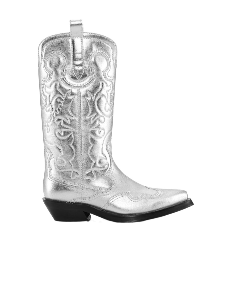 Shop Ganni Silver Mid Shaft Embroidered Western Boots In White