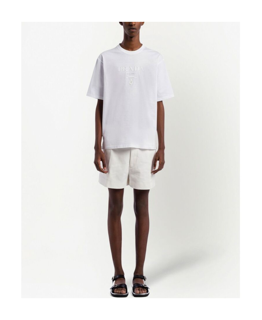 Prada Logo-embroidered Crew-neck T-shirt In White