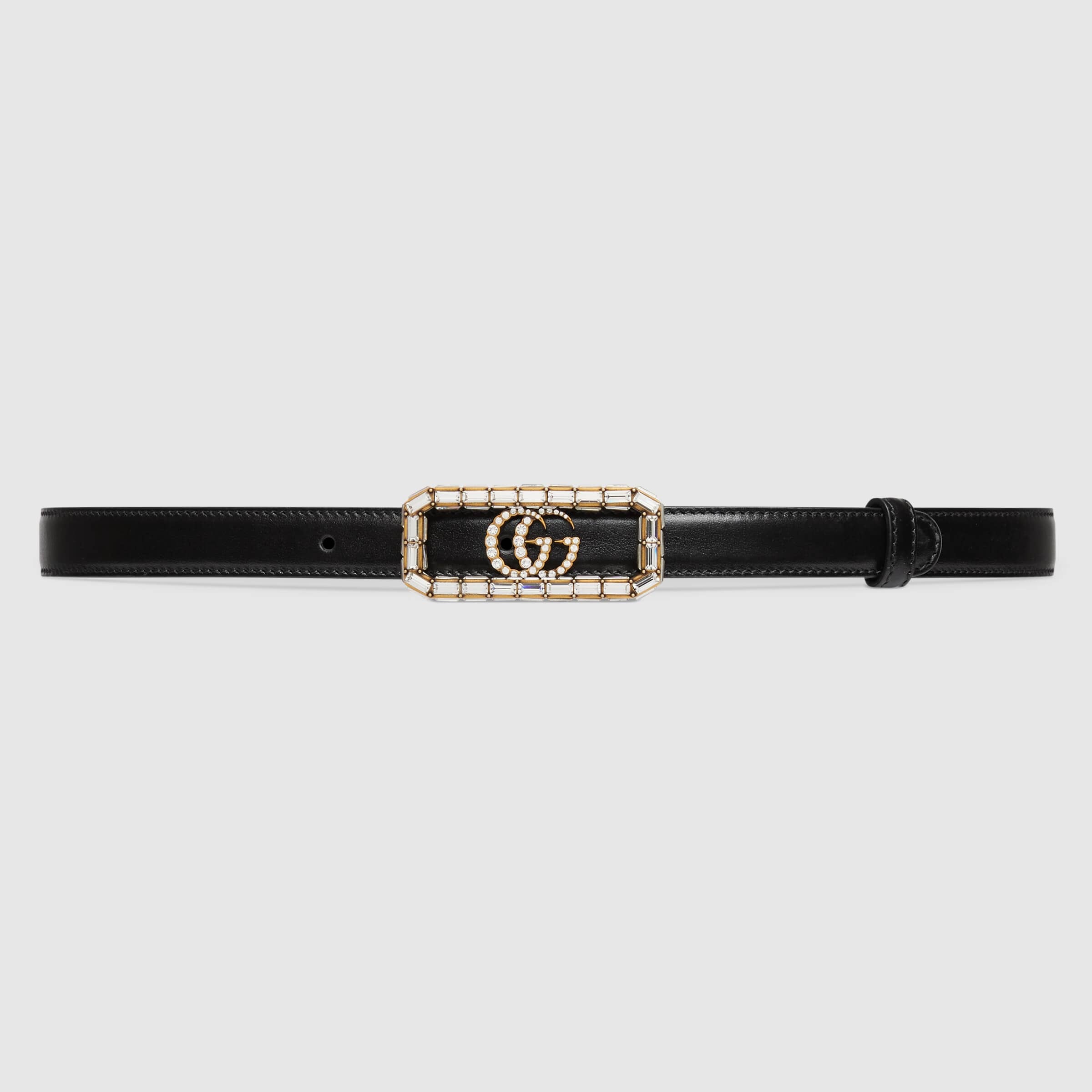 Gucci Luxurious Black Leather Belt With Crystal-embellished Double G Logo Buckle In Black