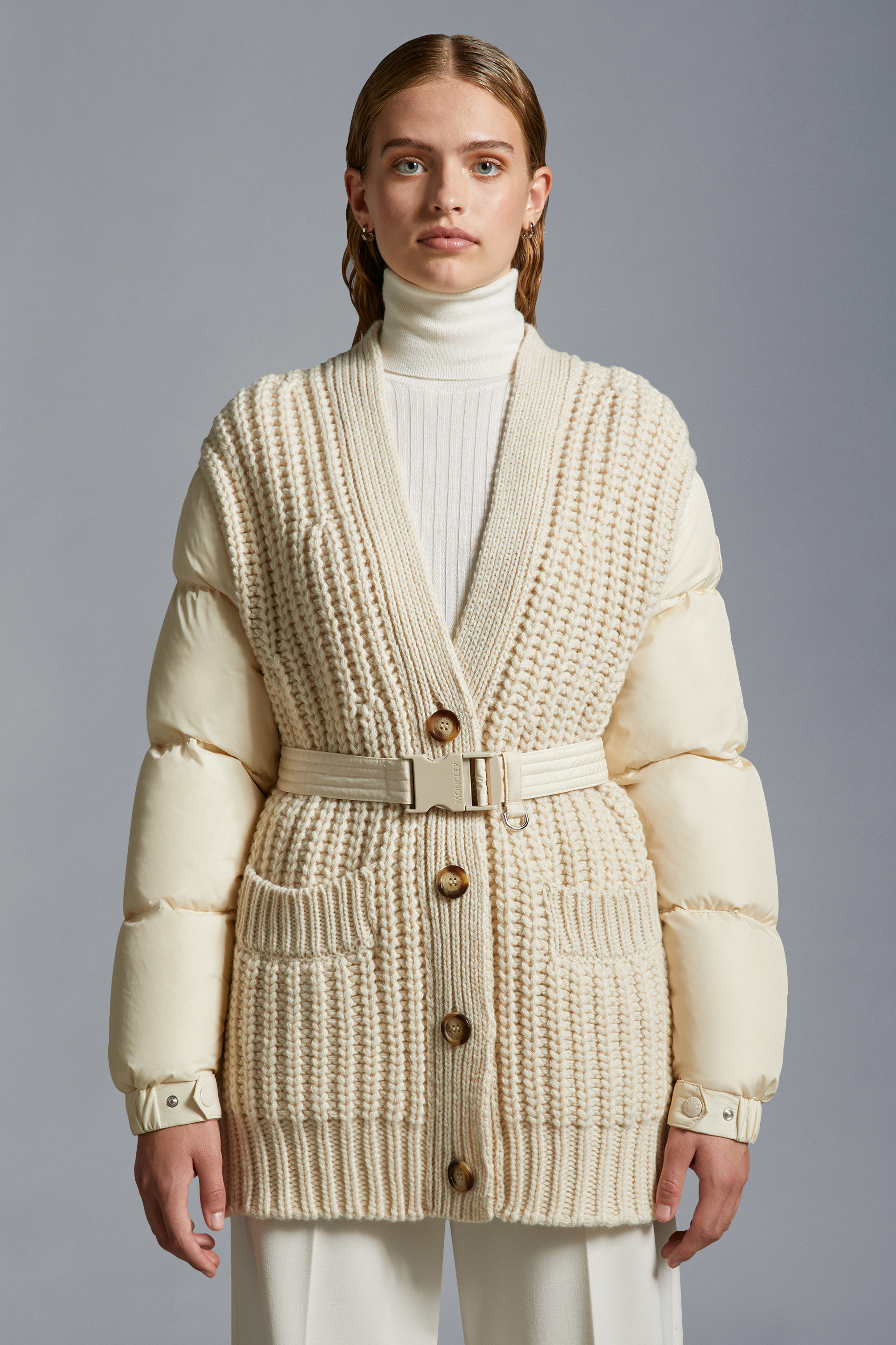 Moncler Panelled Padded Cashmere-wool Cardigan In White
