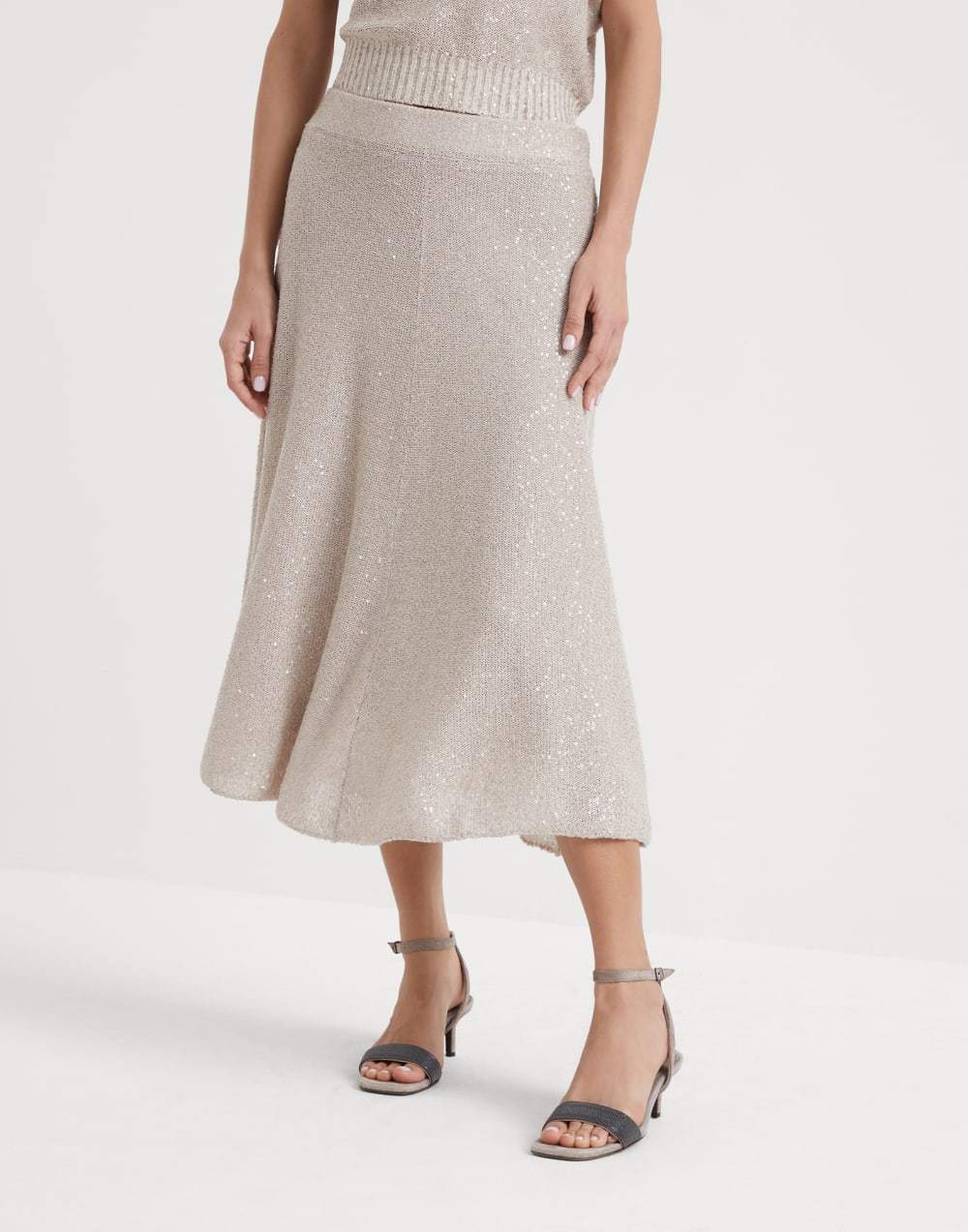 Brunello Cucinelli Sequin-embellished Knitted Midi Skirt In Nude