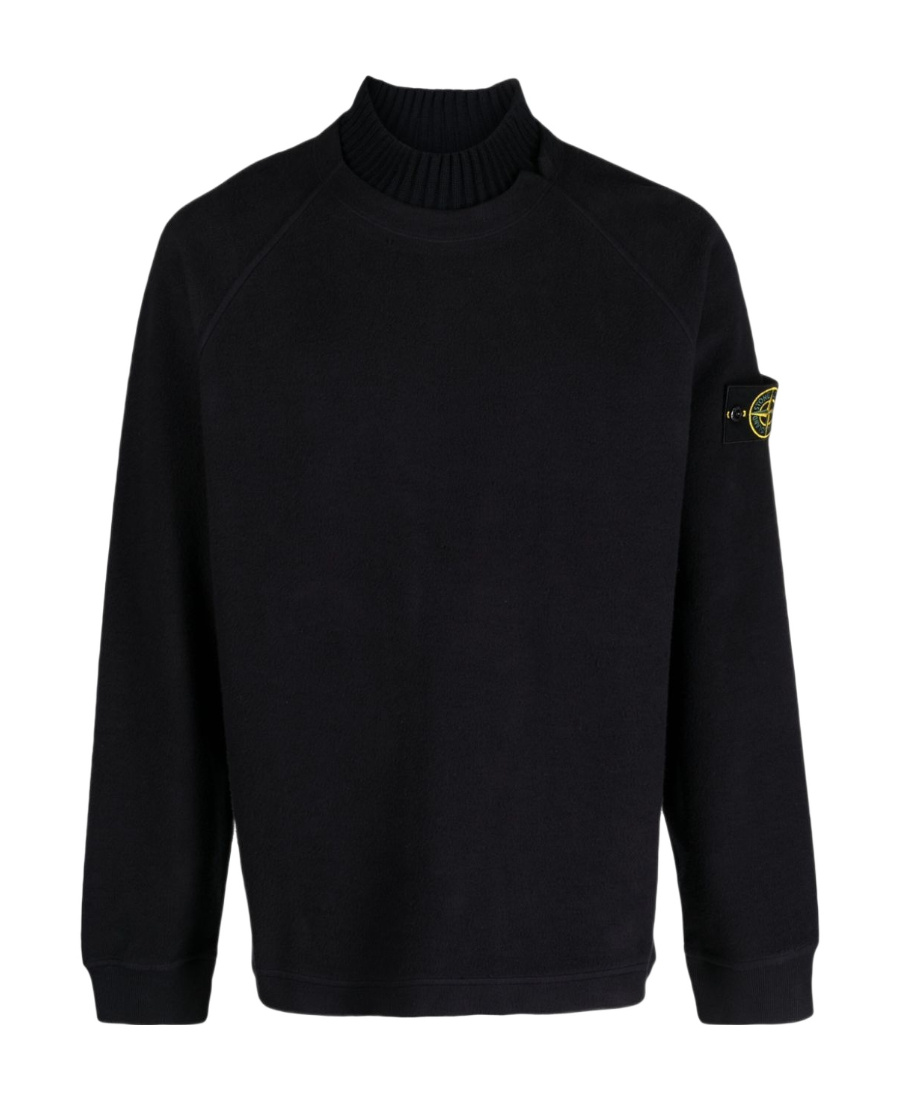 Stone Island Black Sweater With High Neck And Patch Logo On The Sleeve In Wool In Blue