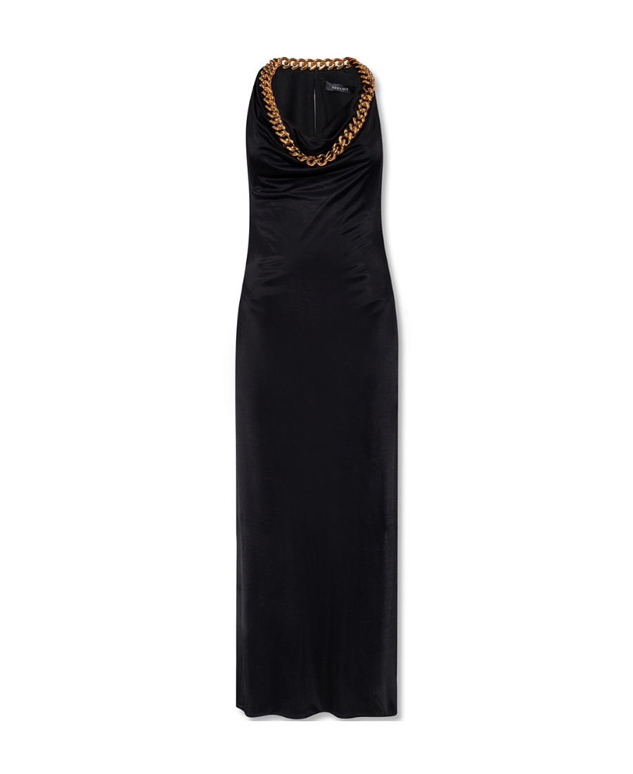 Versace Cutout Chain-embellished Satin Maxi Dress In Black