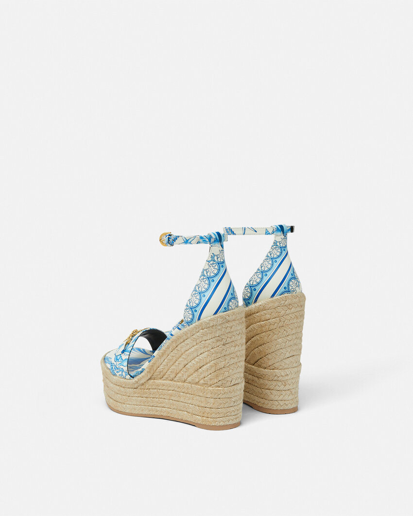 Versace Embellished Printed Leather Espadrille Wedge Sandals In Blue