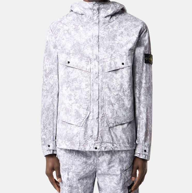 Stone Island Hooded Jacket With All-over Motif And Anti-dгор In Pearl Grey