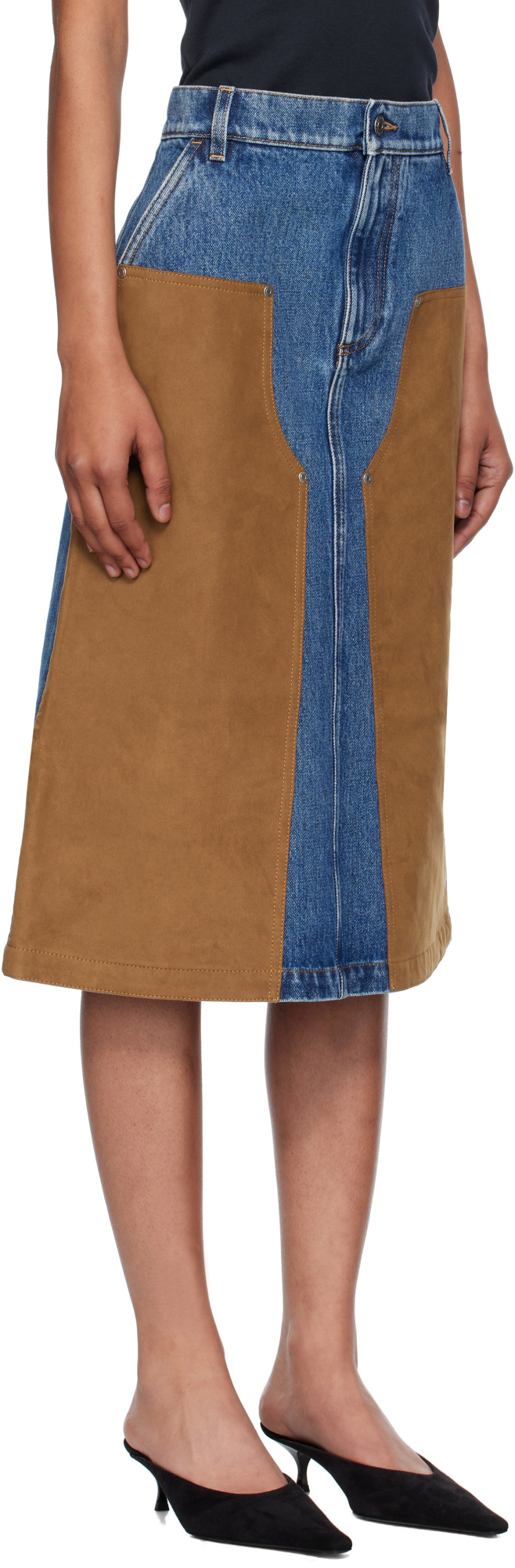 Stella Mccartney Faux Suede-trimmed Denim Midi Skirt In Brown