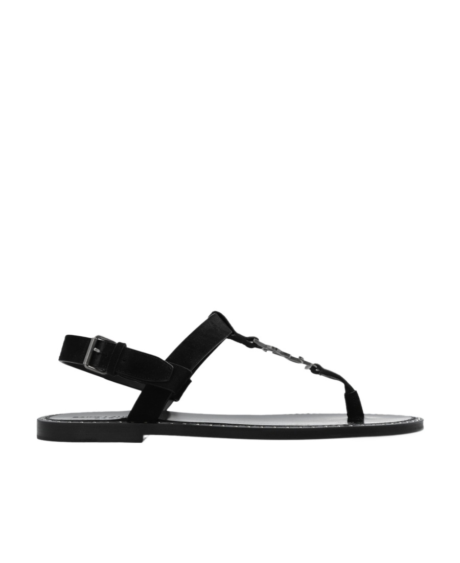 Saint Laurent Cassandra Logo Plaque Flat Sandals In Black