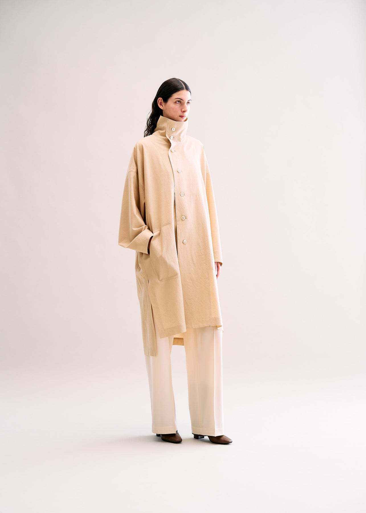 Issey Miyake Long-sleeved Wool Coat In Nude