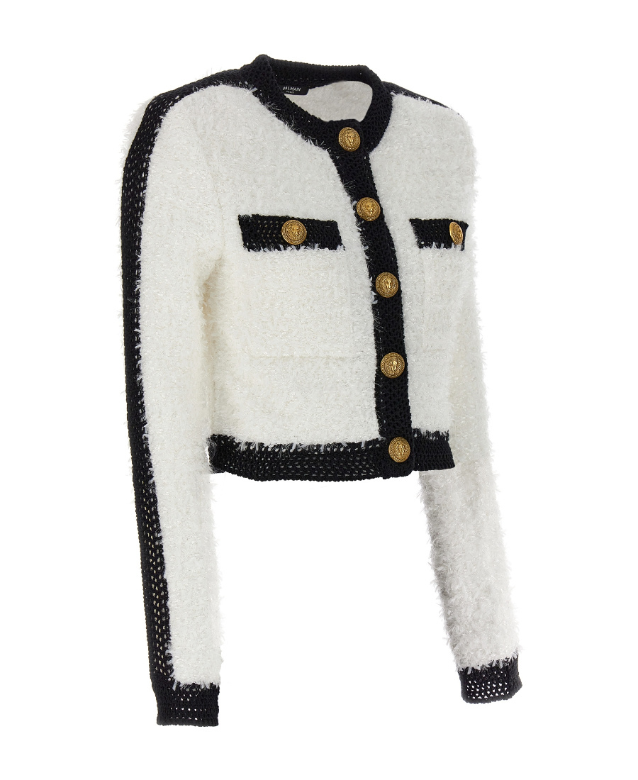 Balmain Colorblocked Tweed Knit Jacket In White