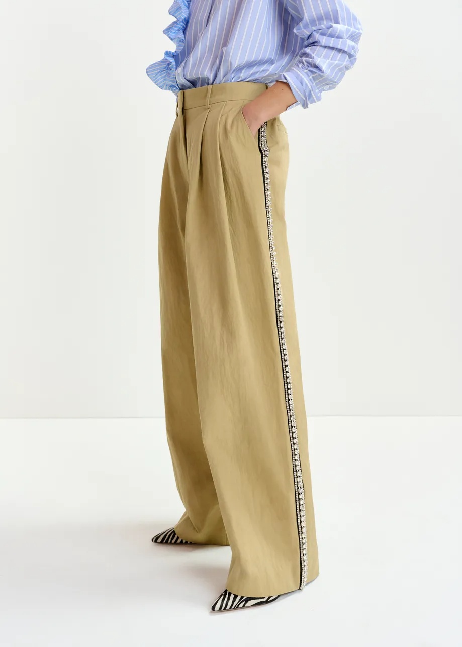 Essentiel Antwerp Beige Rhinestone-trimmed Pleated Wide-leg Pants In Brown