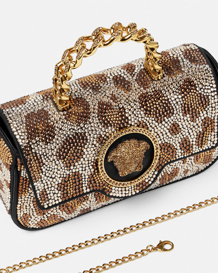 Versace La Medusa Crystal-leopard Mini Bag In Brown