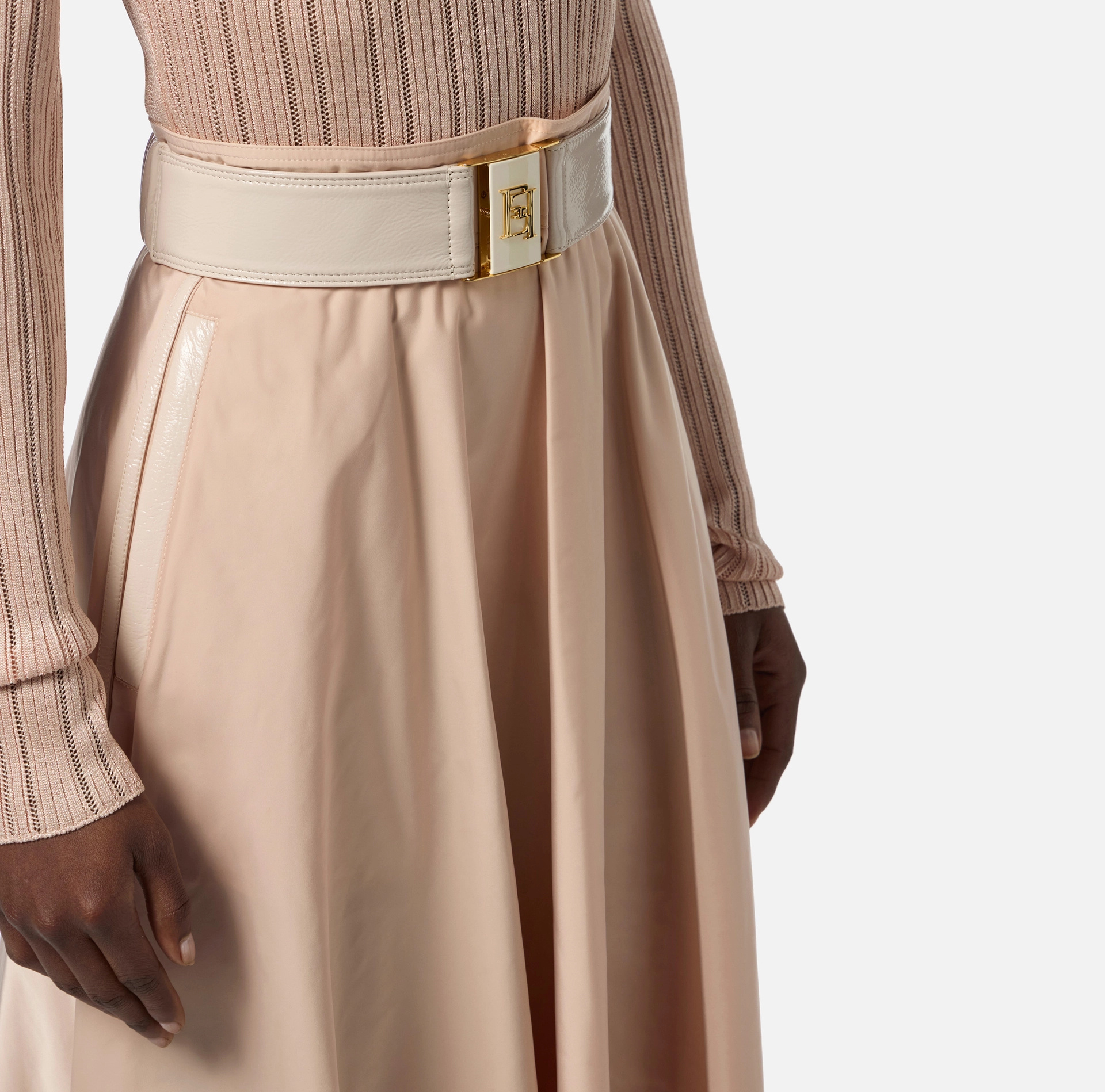 Elisabetta Franchi Skirt In Voile Fabric With Belt In Neutral