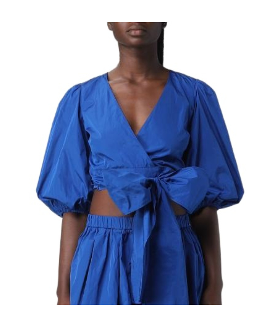 Red Valentino Taffeta Top With Puff Sleeves And Bow Detail In Blue