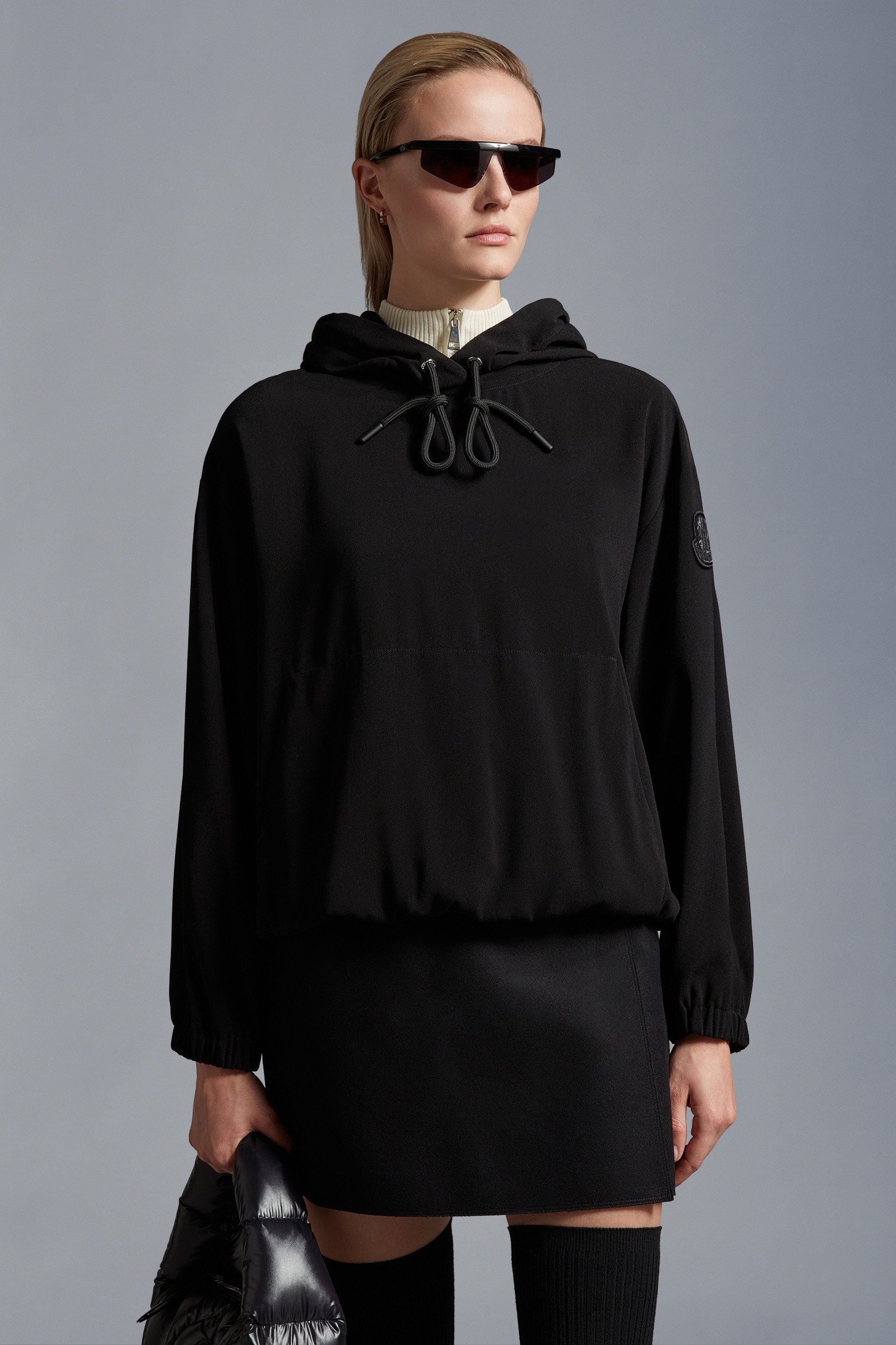 Moncler Logo-appliqué Satin Hoodie In Black