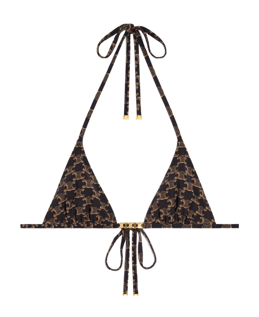 Celine Stretch Fabric Triangle Bikini Top With All-over Logo In Black