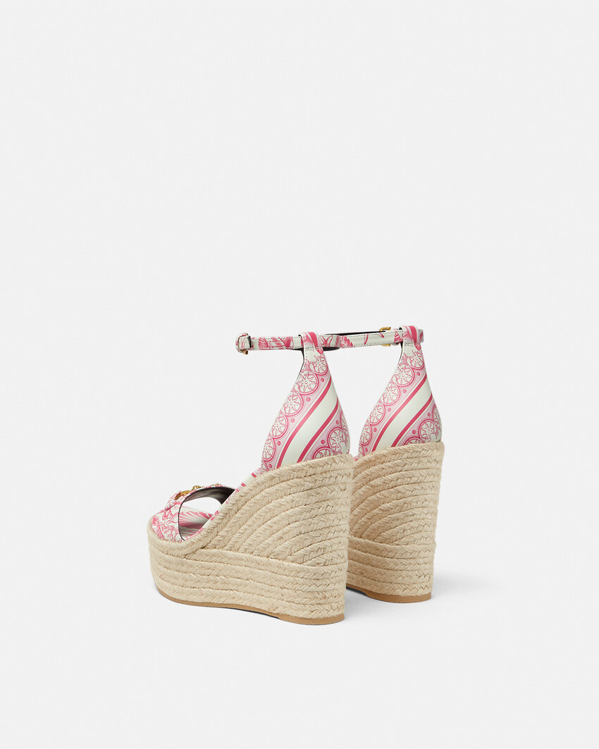 Versace Embellished Printed Leather Espadrille Wedge Sandals In Pink
