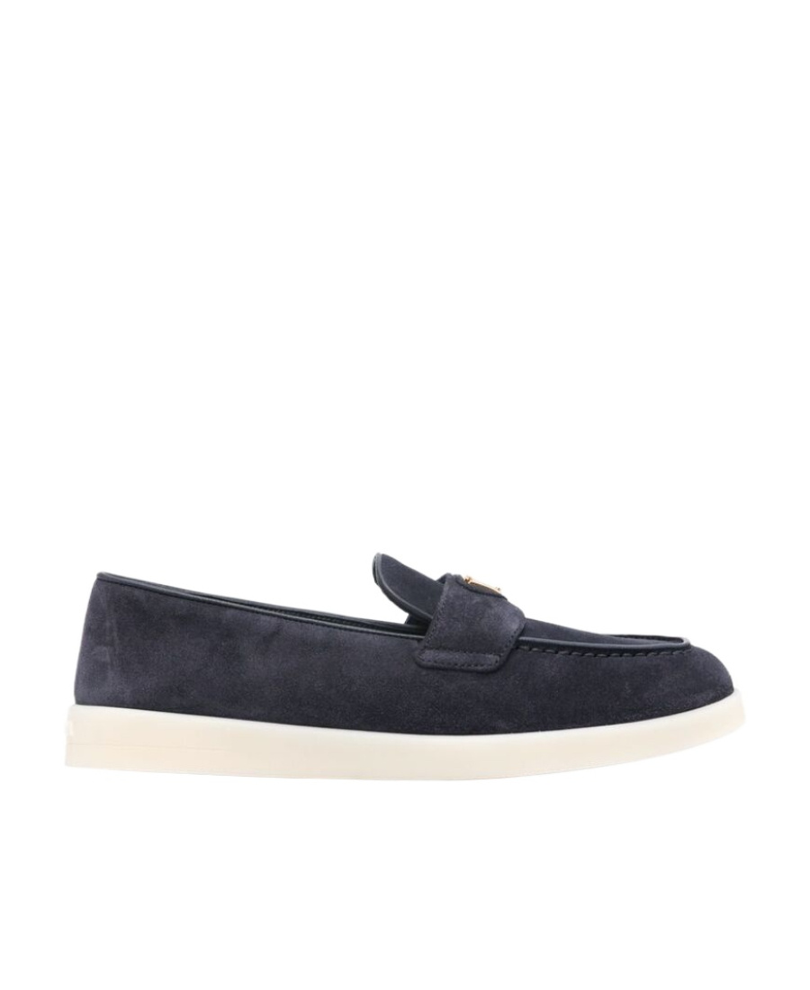 Prada Enamel Triangle Logo Suede Loafers In Blue