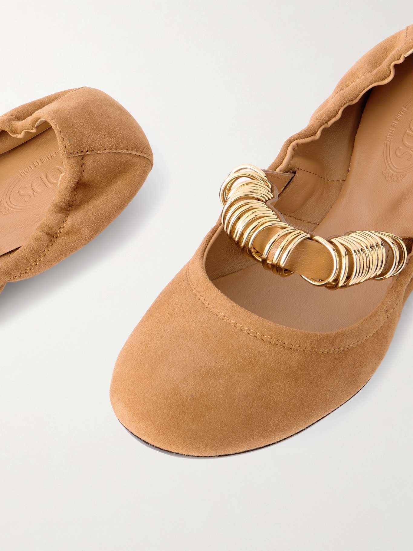 Tod's Ballerina Embellished Leather-trimmed Suede Flats In Brown