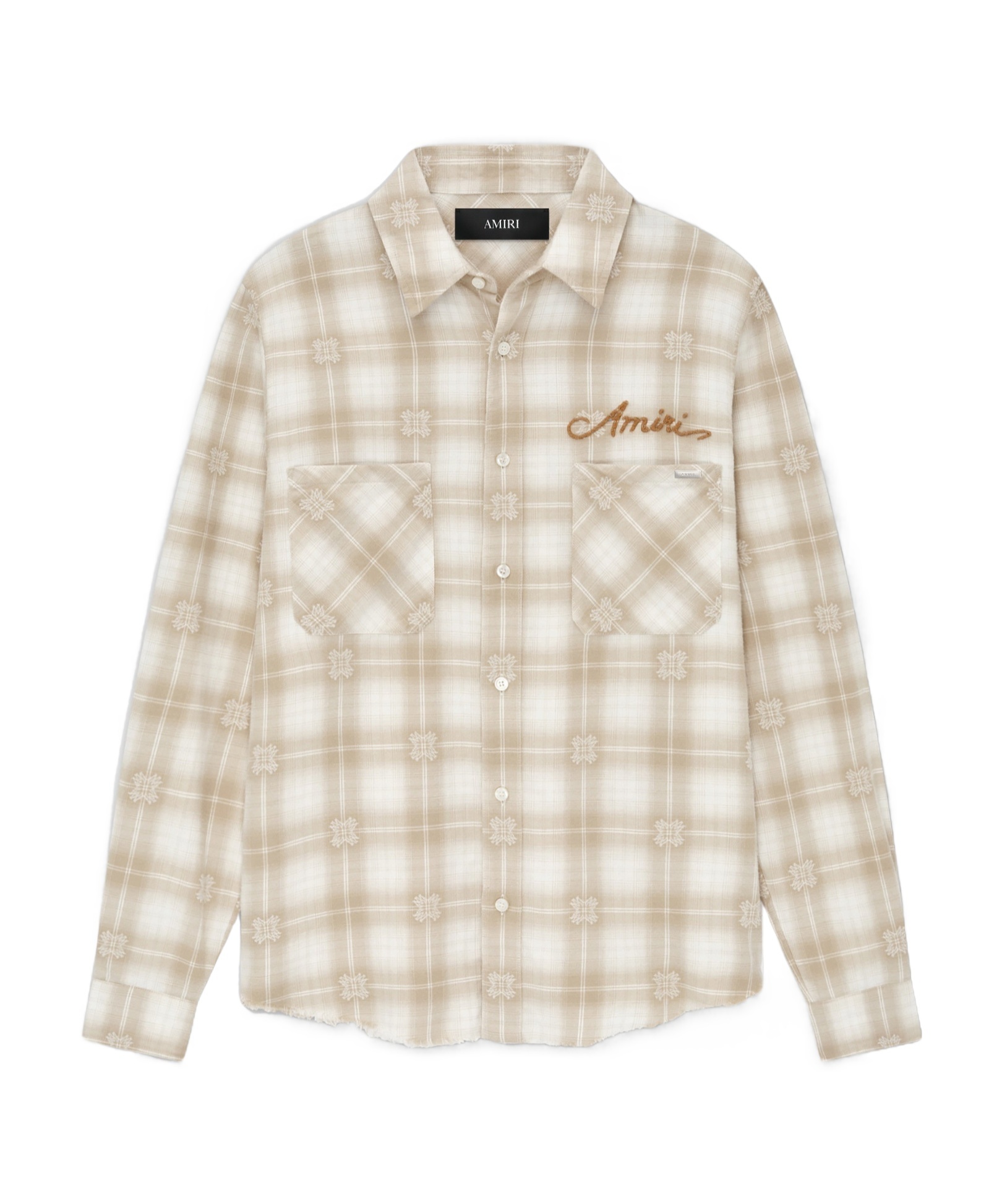 Amiri Light Camel Cotton Bleach Patch Flannel Bandana Shirt In Brown