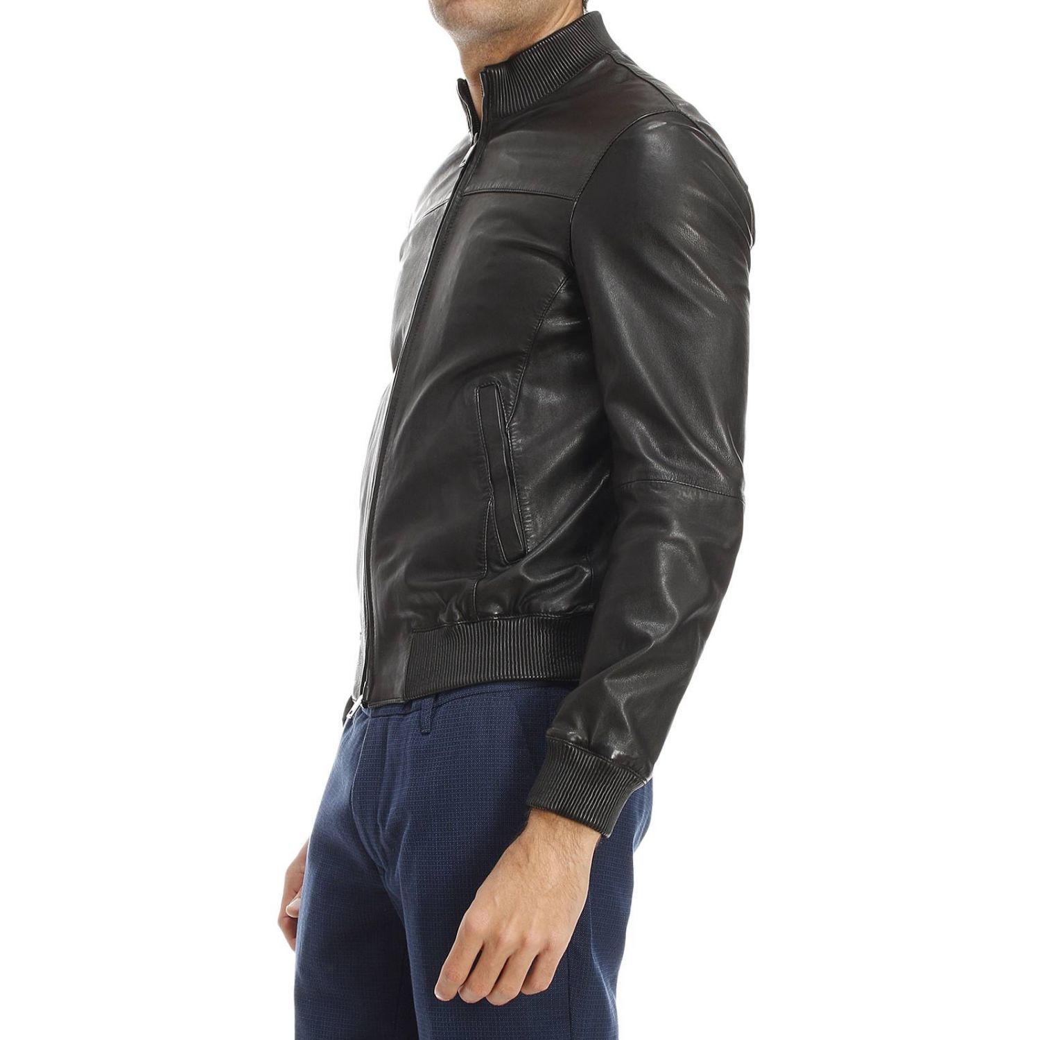 Armani Jeans Zipper Leather Jacket In Black