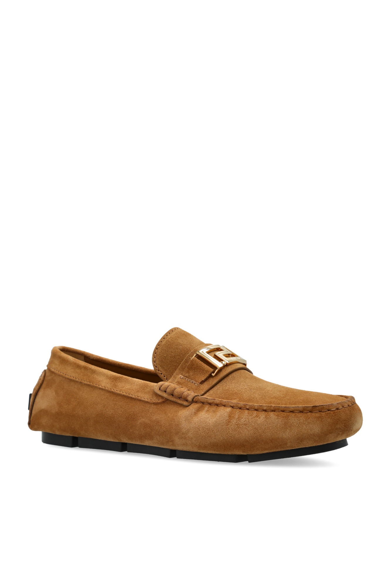 Versace Greca Plaque Suede Loafers In Brown
