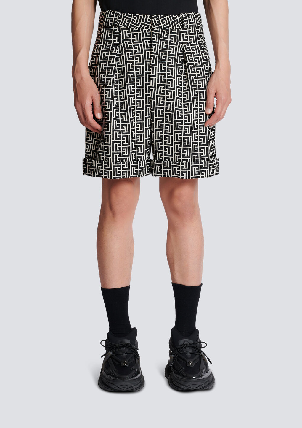 Shop Balmain Wool Bermuda Shorts With Monogram In Black