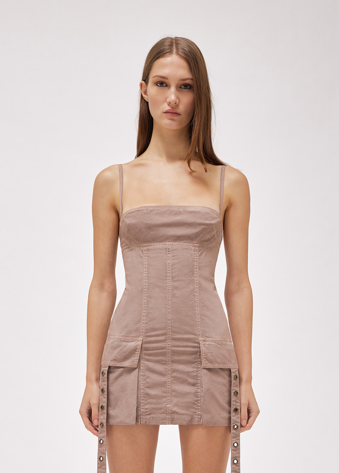 Blumarine Tooling Pocket Canvas Mini Dress In Nude