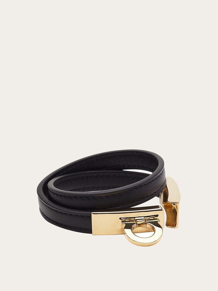 Ferragamo Gancini Black Double Twist Bracelet In Leather Woman In Black