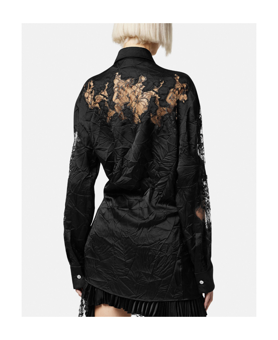 Versace Sheer-lace Crinkled Satin Shirt In Black