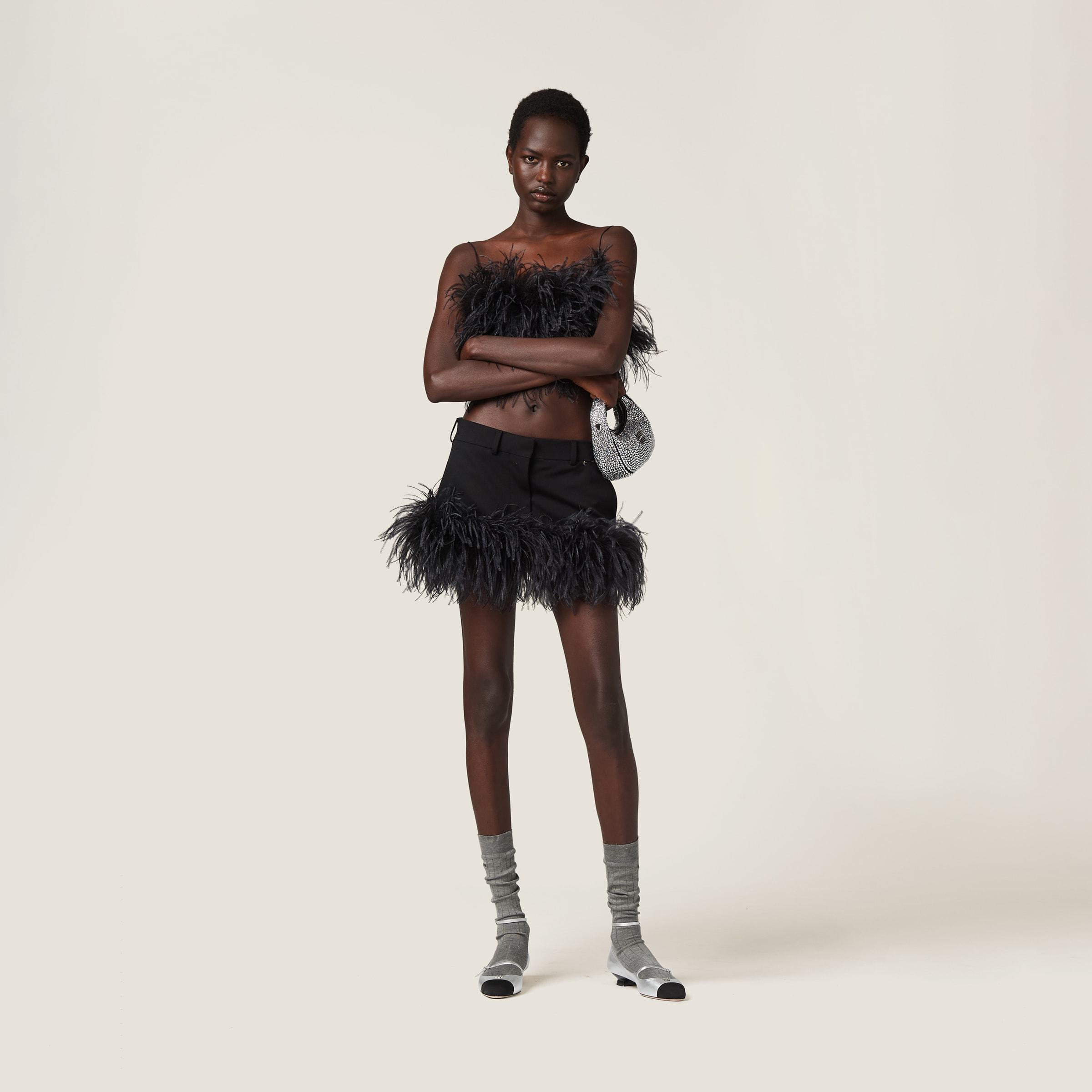 Miu Miu Feather-trimmed Grain De Poudre Miniskirt In Black