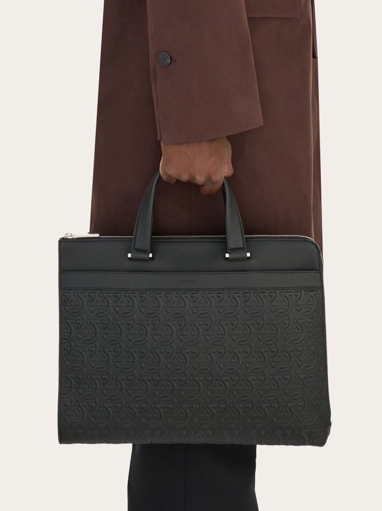 Ferragamo Black Monogram Embossed Leather Briefcase In Black