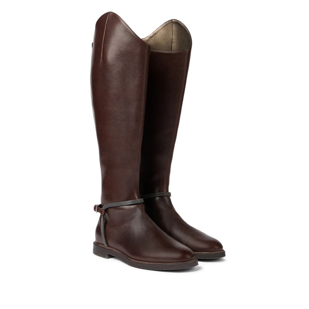 Brunello Cucinelli Women Classic Leather Boot With Precious Spurs In Brown