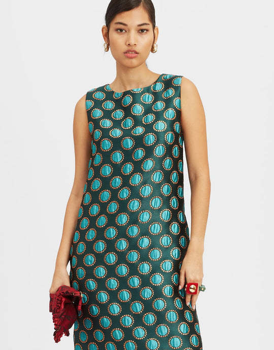 La Doublej Jacquard Column Dress With Feather Trim In Green