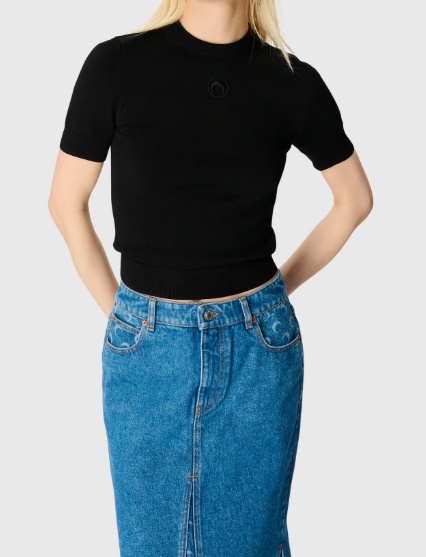 Marine Serre Denim Skirt Featuring Back Pockets And Belt Loops In Blue