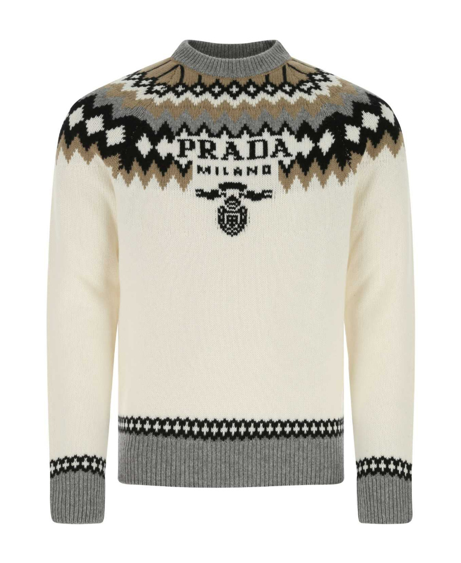 Prada Embroidered Pattern Cashmere Crewneck In Camel Brown