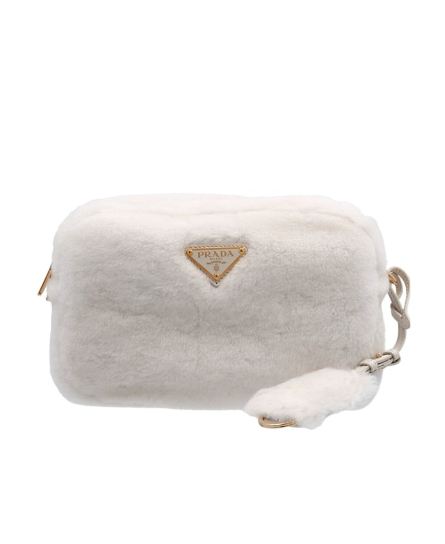 Prada Triangle-plaque Shearling Shoulder Bag In White