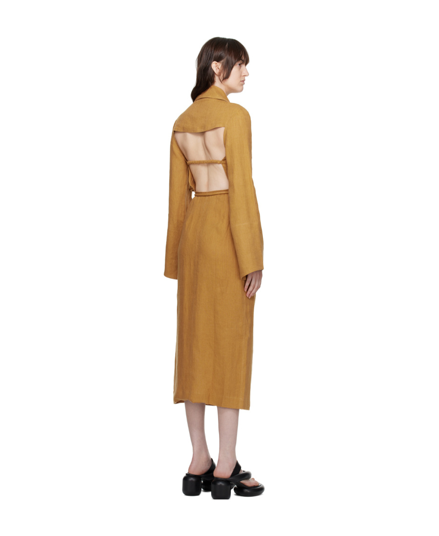 Nanushka Open-back Linen Midi Wrap Dress In Brown