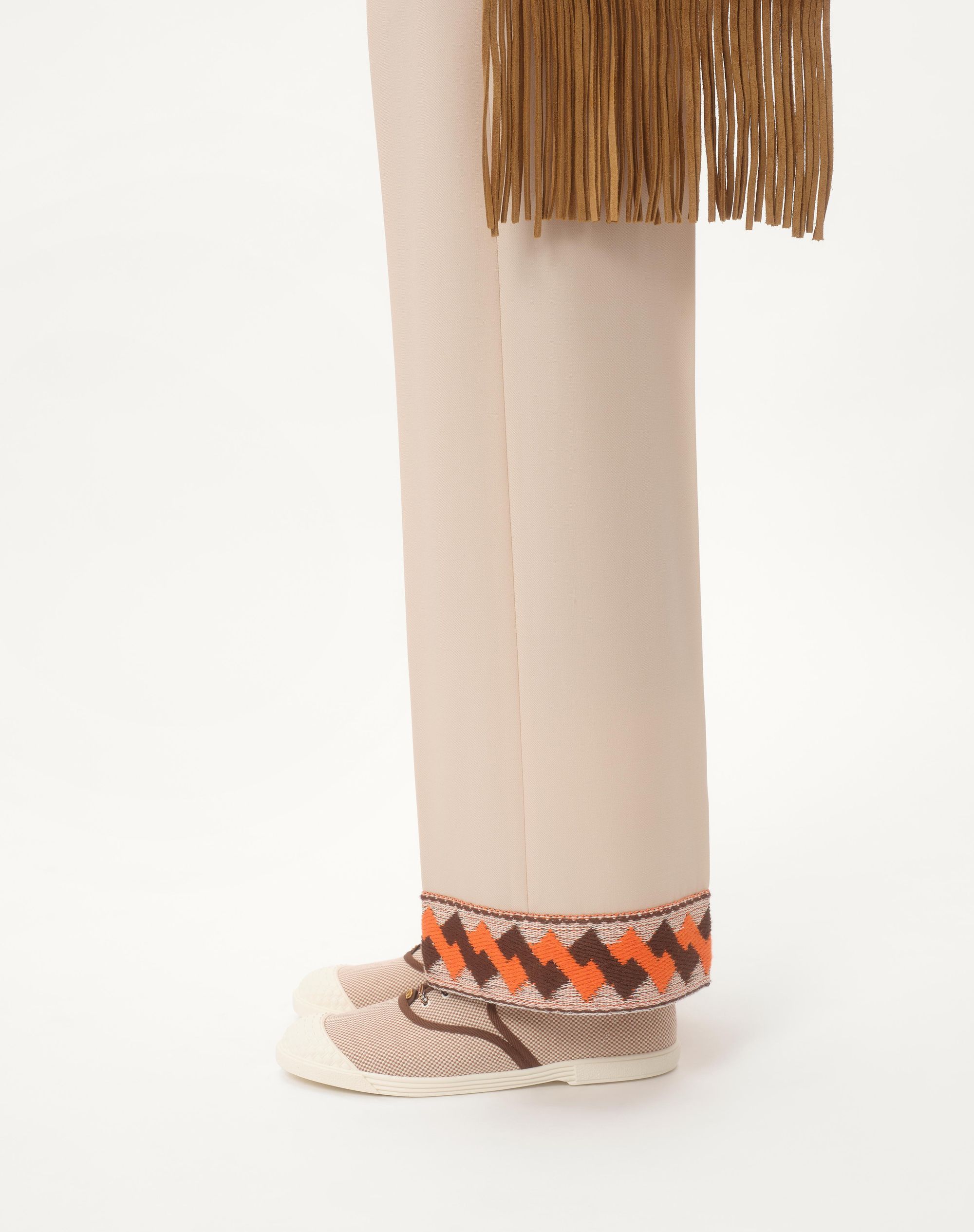 Valentino Wool Trousers With Embroidered Hem And Wide Leg In Nude