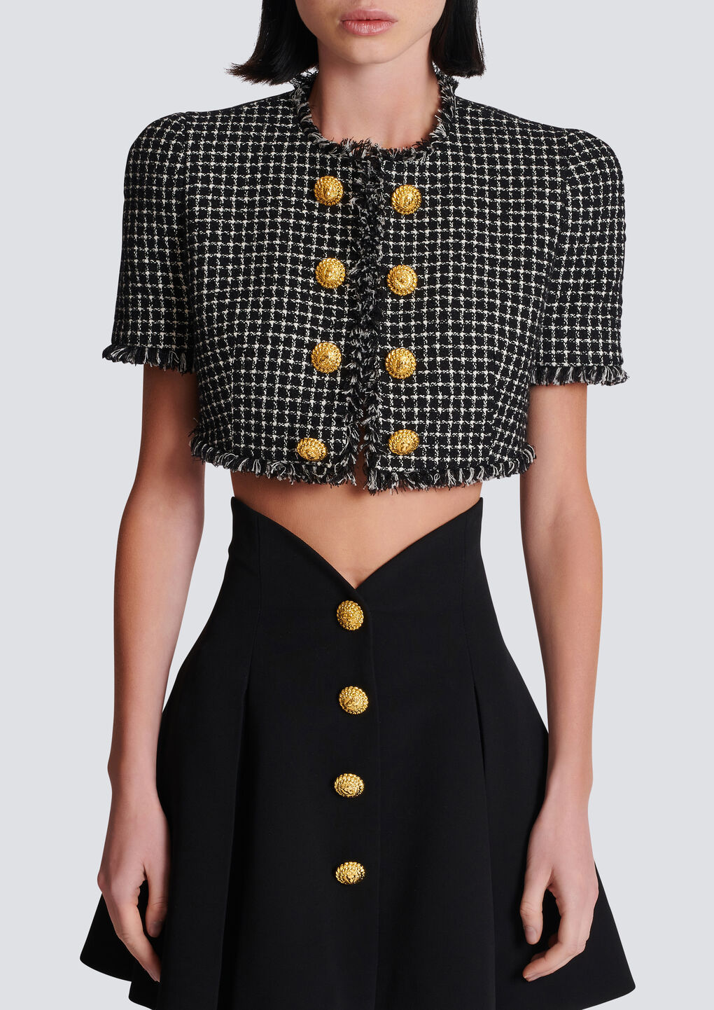 Balmain Cropped Embellished Cotton-blend Tweed Jacket In Black