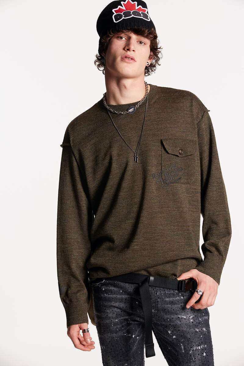 Dsquared2 Virgin Wool Crew-neck Sweater With Breast Pocket In Brown