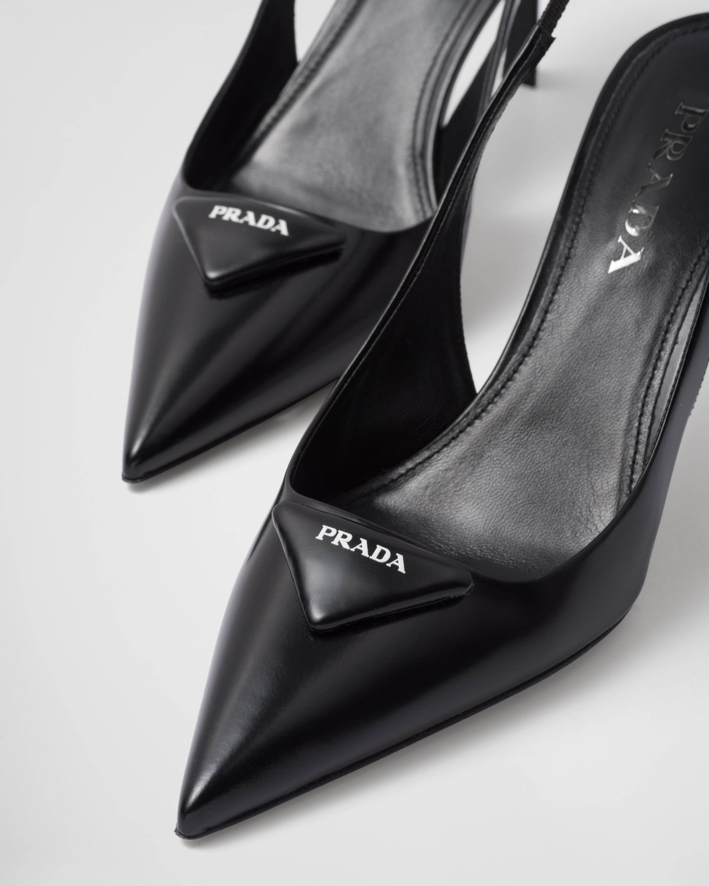 Prada Leather Pumps Glossy Finish Kitten Heel Pointed Toe In Black
