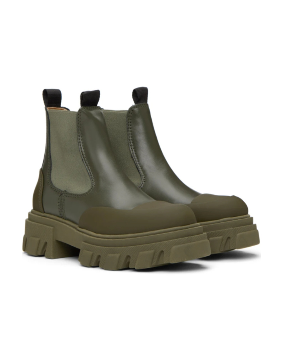 Ganni Khaki Cleated Low Chelsea Boots In Green