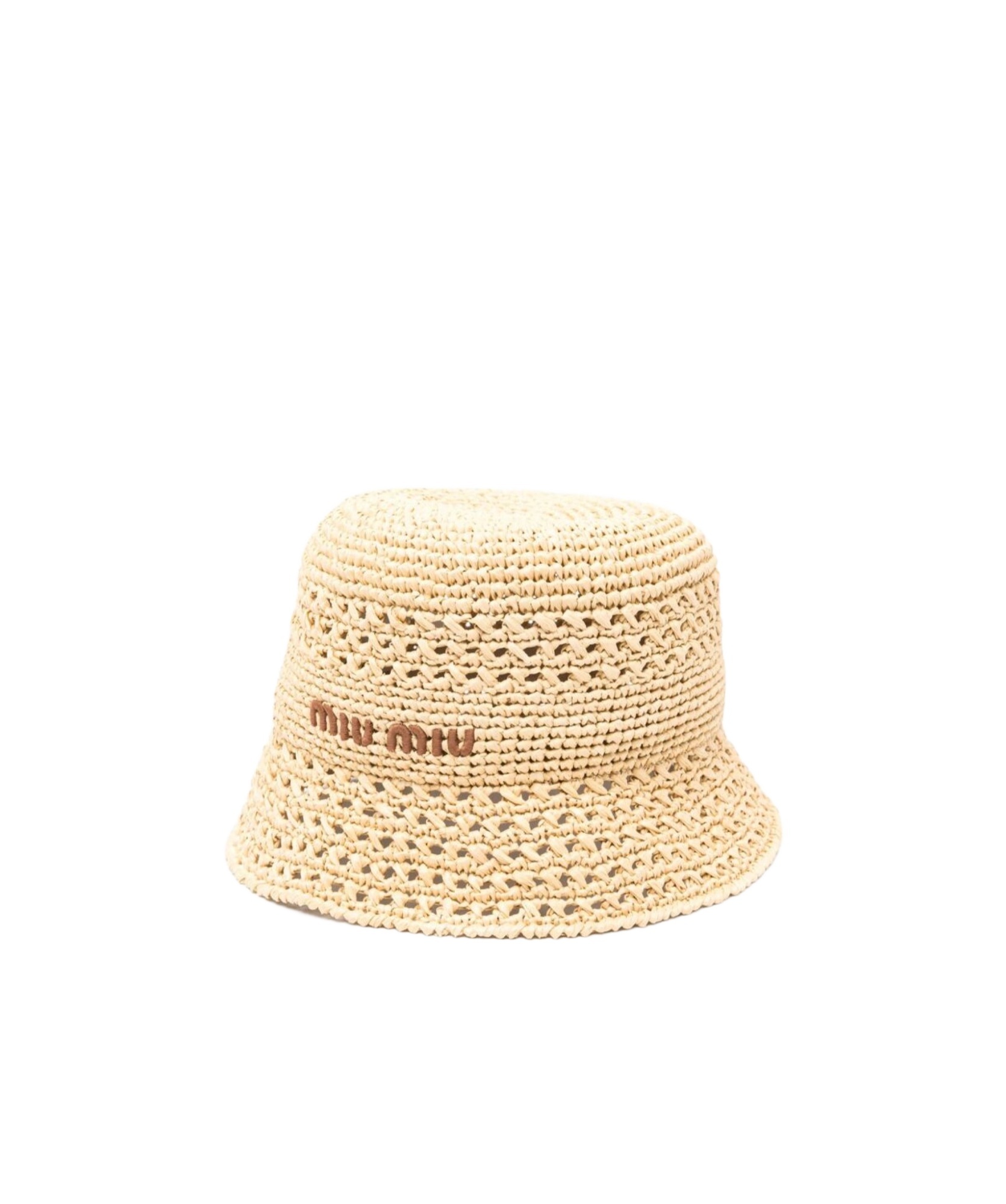Miu Miu Embroidered-logo Raffia Bucket Hat In Nude