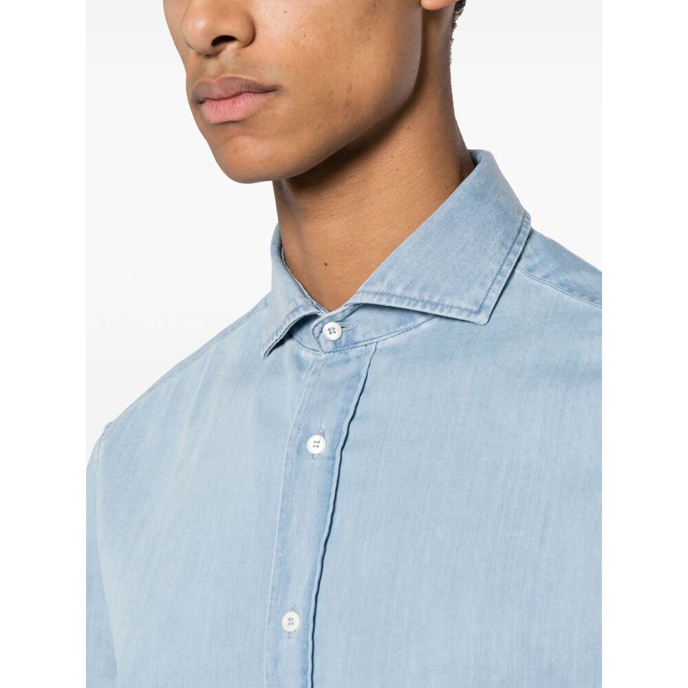 Brunello Cucinelli Denim Shirt With Long Sleeves And Curved Hem In Blue