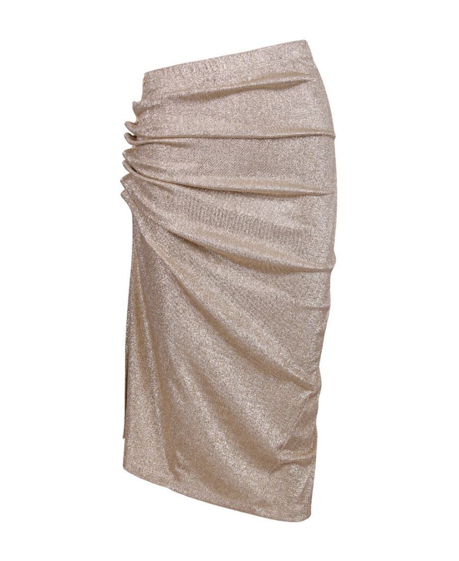 Shop Rabanne Metallic Ruched Midi Skirt In Nude