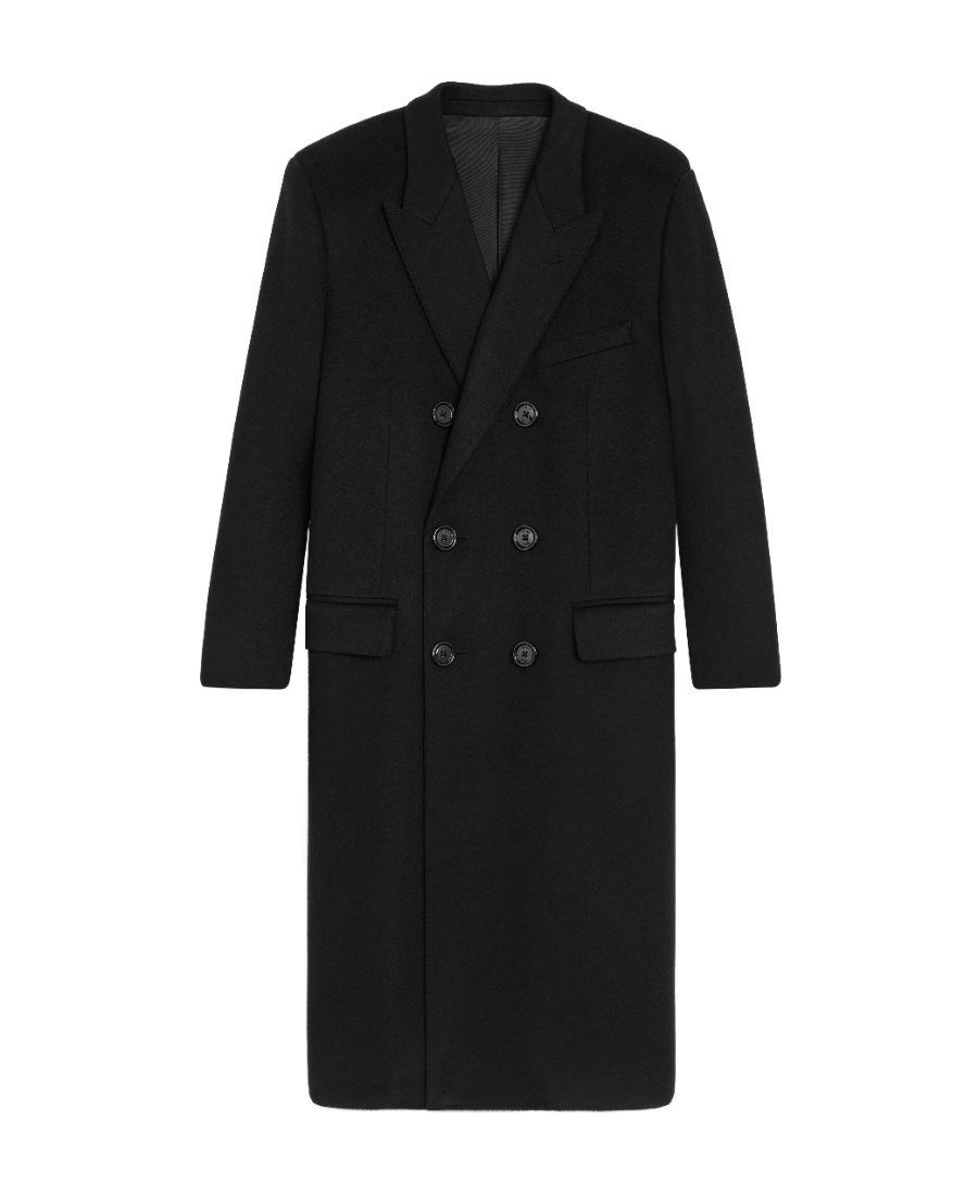 Celine Double-breasted Wool Coat With Padded Shoulders And Tailored Fit In Black