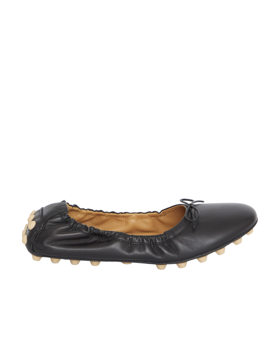Tod's Black Leather Ballet Flats With Gathered Elasticized Trim In Black